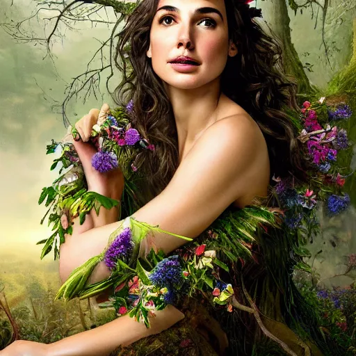 Image similar to Portrait of the beautiful woman Gal Gadot as a forest nymph, she is posing, she has a crown of flowers, she is sitting on an ancient forest, there is fog and lots of extravagant leafs, she is getting ulluminated by the rays of the sunset, the photo was taking by Annie Leibovitz, matte painting, oil painting, naturalism, 4k, 8k