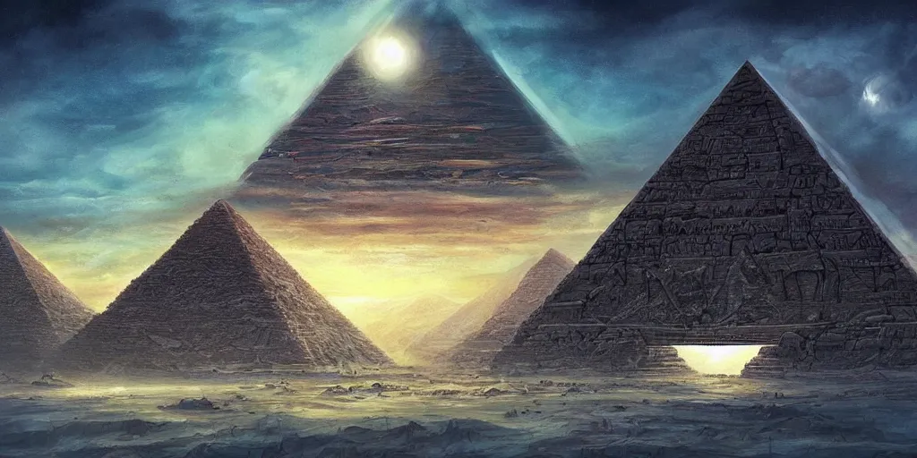 Image similar to an alien pyramid landscape , art station, landscape, concept art, illustration, highly detailed artwork cinematic, hyper realistic painting