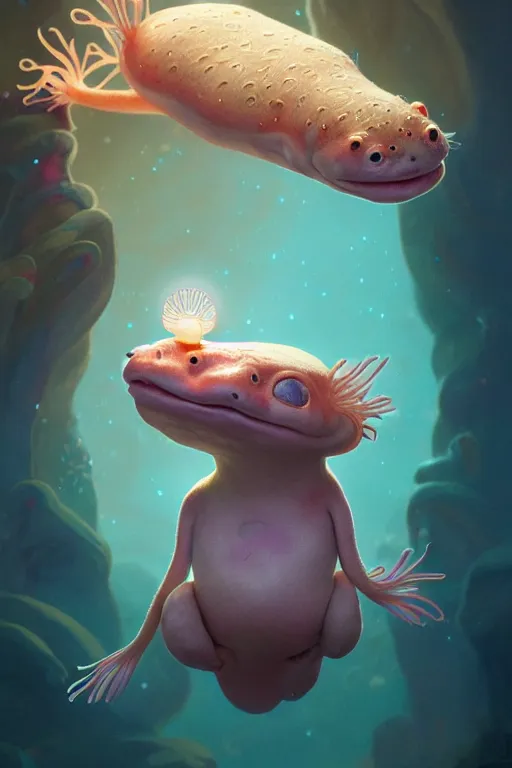 Image similar to Bioluminescent, portrait of axolotl wearing wizard hat, very intricate , trending on artstation , very elegant, in the golden hour by Daniel Merriam, Trending on Artstation, oil on Canvas by Elena Zhurikhina and Goro Fujita and Charlie Bowater, octane render, 4k, 8k, HD