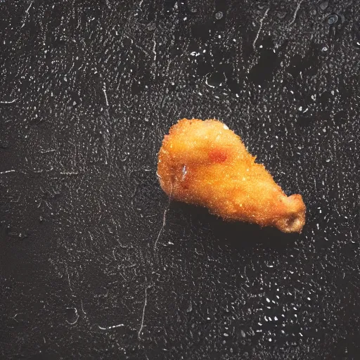 Prompt: Photo of a chicken nugget smoking a cigarette in the rain