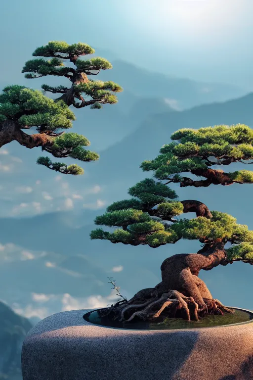 Prompt: photo of a mystical bonsai on top of a chinese mountain, unreal 5, DAZ, hyperrealistic, octane render, Regal, Refined, Detailed Digital Art, dynamic lighting, Highly Detailed, Cinematic Lighting, Unreal Engine, 8k, HD