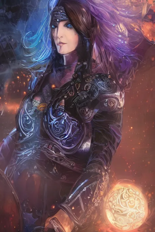 Image similar to Path of Exile, Maven, clear face, blue eyes, female image with silver purple hair among colourful lights, dark blue spheres fly around, Anachronism, painting, dark fantasy, steampunk, gothic, 4k, perfect quality,