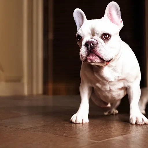 Prompt: A white french bulldog as the president of the united states, 8k hdr movie still, dynamic lighting, detailed