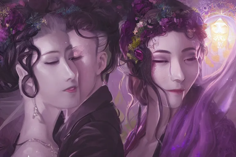 Image similar to a cinematic portrait of wedding photograph jpeg close up moment of a divine a japan sun god and moon goddess lovers magician at a wedding banquet. portraiture. digital painting. artstation. concept art. fantasy wedding photo. digital painting, 8 k realistic, hyper detailed, violet evergarden art masterpiece by art by krenz cushart