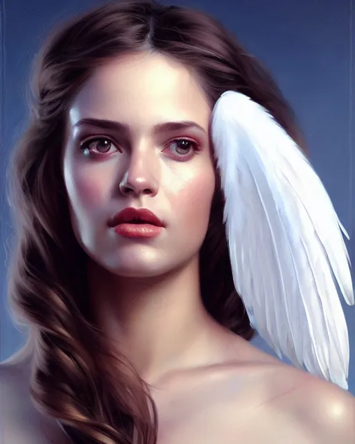 Prompt: a beautiful angel with white feather bra portrait | | realistic shaded, unpleasant face, bad looking, fine details, realistic shaded lighting poster by greg rutkowski, magali villeneuve, artgerm, jeremy lipkin and michael garmash and rob rey
