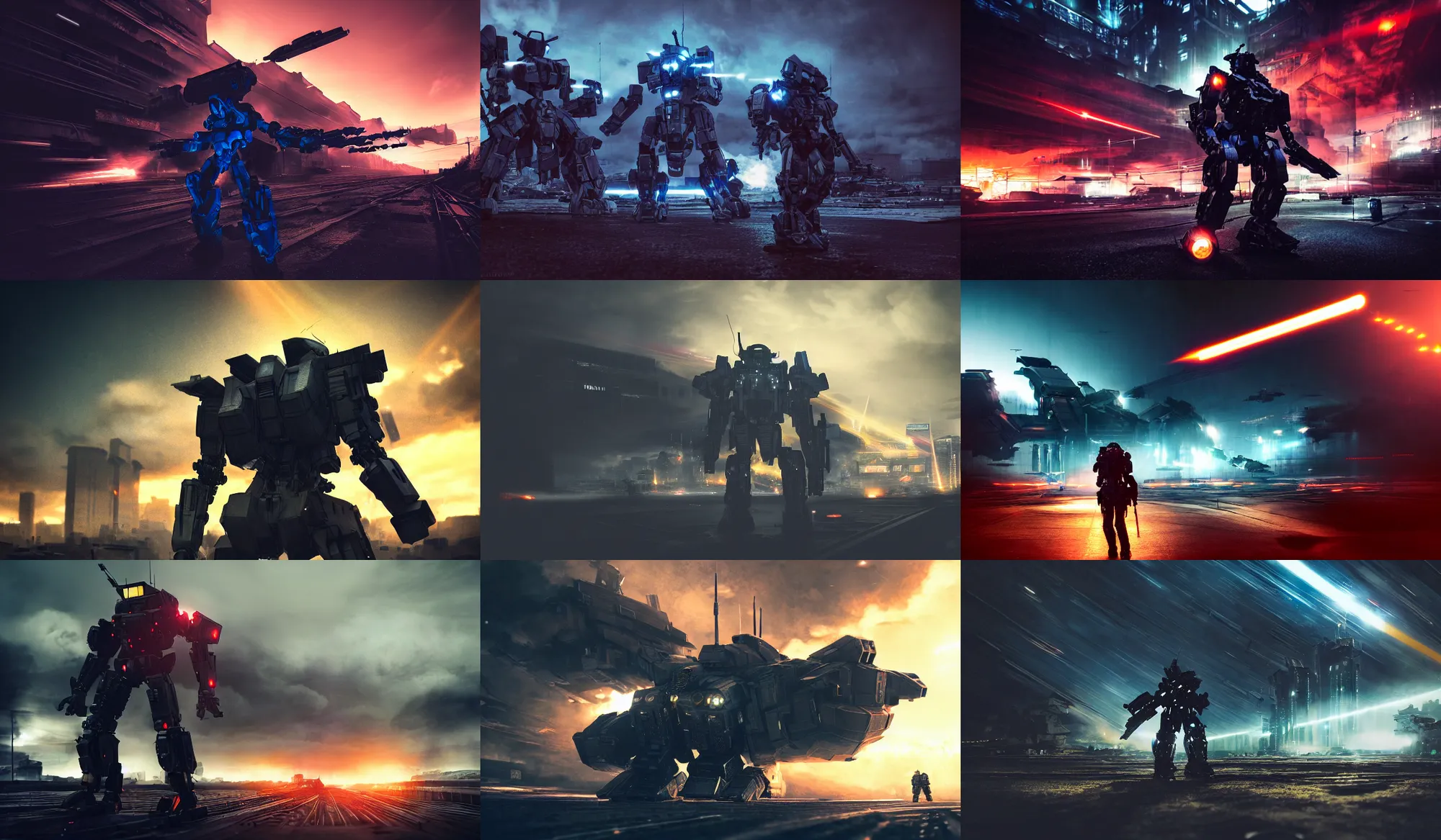 Image similar to an armored core v by liam wong, booster flares, legs, laser rifles, karst landscape, outdoor, dark blue sky, cloud, wilderness ground, golden time, twilight ; wide shot, digital painting, photoreal, cinematic contrast, dynamic backlighting, sharp edge, motion blur