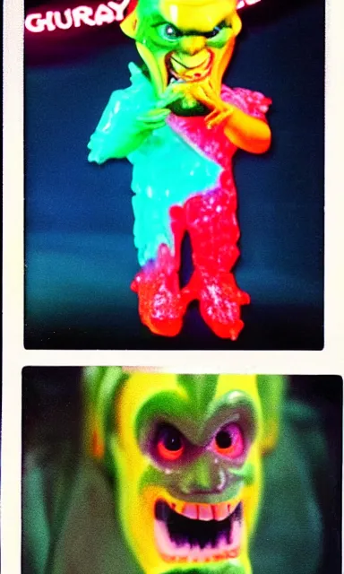 Image similar to colorful crystal gary busey creature, 9 0 s toy commercial, photo from the 7 0 s, horror lighting, neon lighting, polaroid photo,