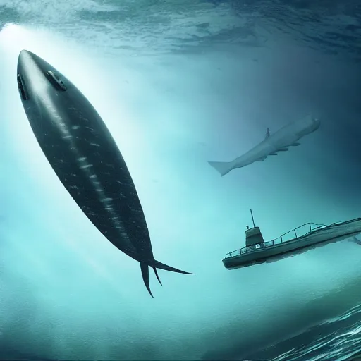 Image similar to photo by national geographic, a small submersible submarine being chased by a gigantic megaladon, 4 d, 4 k, volumetric lighting, photorealistic, light ray, hyperdetailed