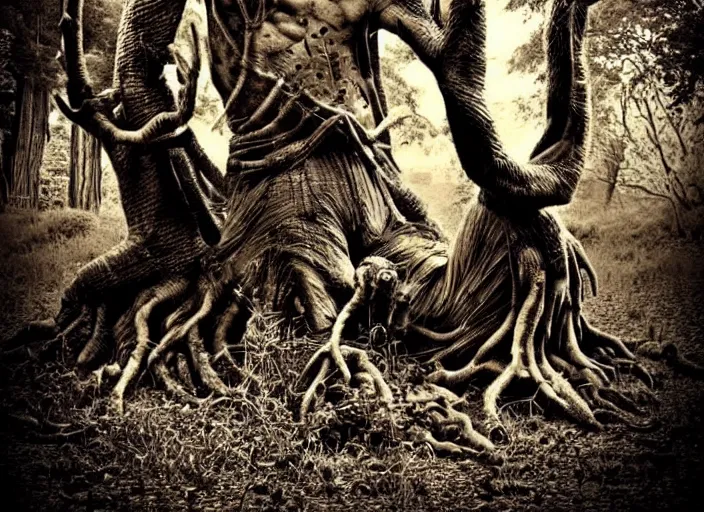 Image similar to an incredibly scary and very very unique monster creature of evil nature with animal, human and tree like characteristics, ancient folk legend in the forest, extremely creative and detailed, sepia photography