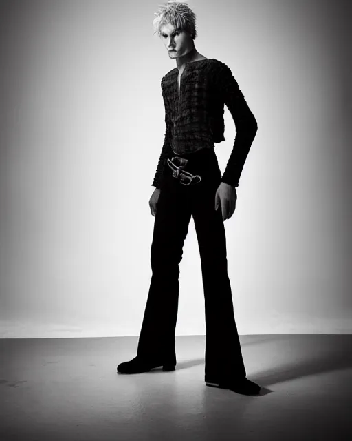 Prompt: an award - winning photo of an ancient male model wearing a plain boot cut flared distressed medieval designer menswear trousers designed by alexander mcqueen, 4 k, studio lighting, wide angle lens, 2 0 0 4