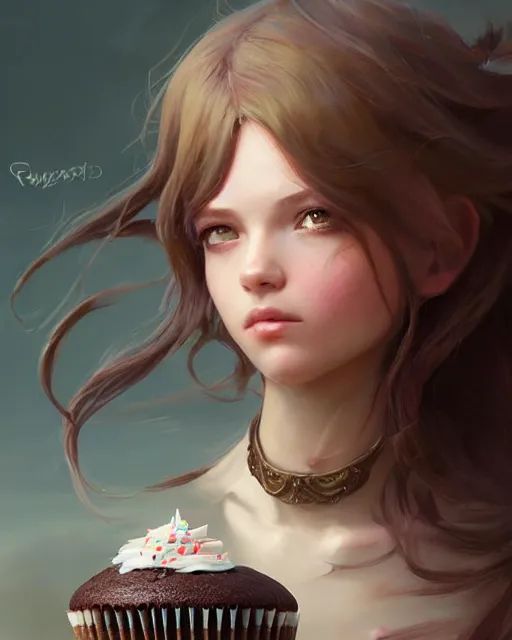 Prompt: a ( girl as personification of chocolate cupcake ), fantasy bakery, realistic digital painting by greg rutkowski, artgerm, krenz cushart, laurie greasly, wlop, intricate, highly detailed!! sharp focus, smooth, epic composition, joyful, unreal engine