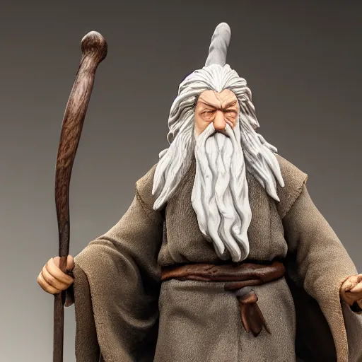 Prompt: figurine made of rough stone of gandalf with no hat. gandalf is sitting at a light - mixer, studio photo, uhd 4 k, backlight, rule of thirds