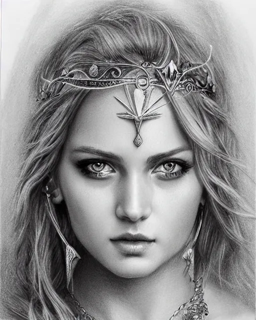 Image similar to pencil drawing of a beautiful greek goddess aphrodite with arrowhead jewelry, beautiful piercing eyes, beautiful blonde hair, hyper realistic face, in the style of greg rutkowski, fantasy, amazing detail, epic, elegant, smooth, sharp focus, from the front