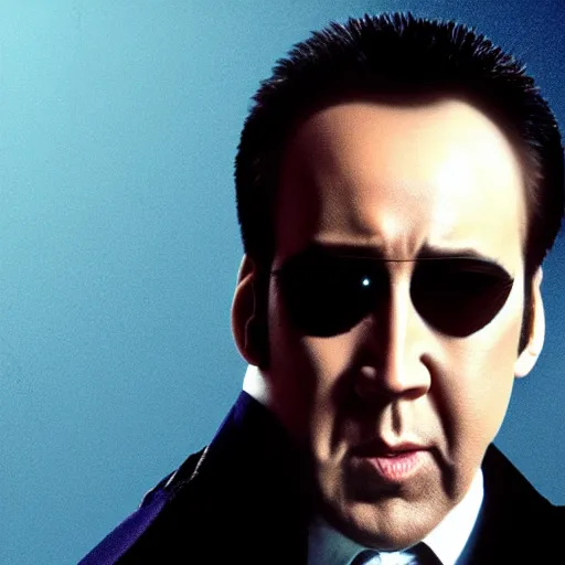 Image similar to Nicolas Cage as Morpheus in the Matrix