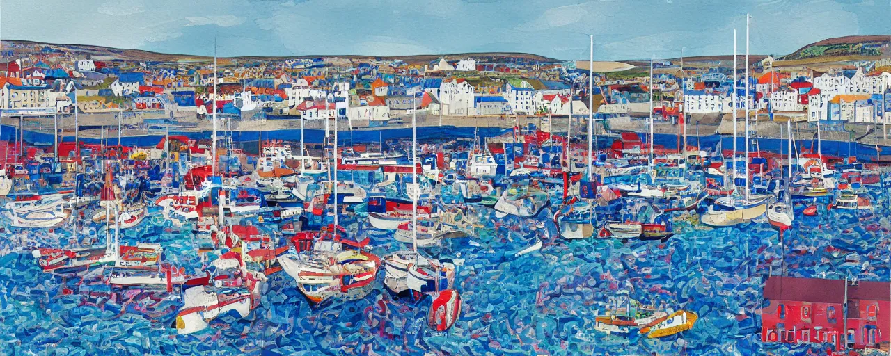 Prompt: a painting of the harbour at Stromness orkney, photocollage, photomontage, david hockney