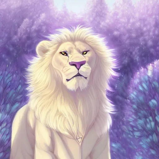 Image similar to aesthetic portrait commission of a albino male furry anthro lion under a lavender tree surrounded by by soap bubbles while wearing a masculine cozy soft pastel winter outfit, softest winter atmosphere. character design by artgerm, and makoto shinkai, detailed, inked, western comic book art, 2 0 2 0 award winning painting