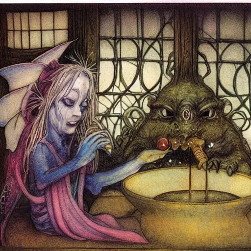 Prompt: A Brian Froud illustration of the faerie of the swamp having a drink of sake at a Japanese bar.