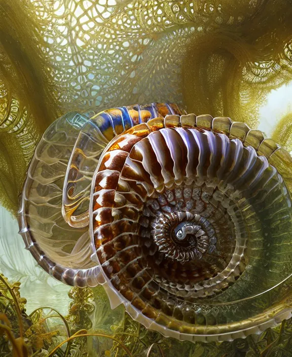 Image similar to intricate ornate opulent transparent clear see - through portrait of a playful beautiful isopod nautilus snake, fractal, adorable, childlike, overgrown biopunk jungle environment, ultra realistic, concept art, art nouveau, photorealistic, octane render, 8 k, unreal engine. art by christopher marley and artgerm and greg rutkowski and alphonse mucha