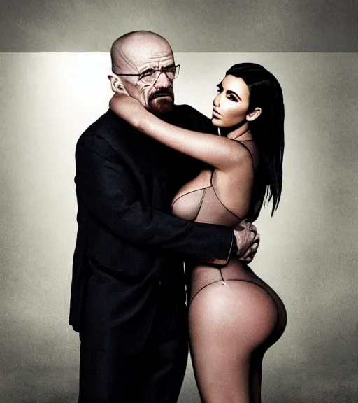 Prompt: Walter White hugging kim kardashian romanticly his hands on her waist, in a derelict mafia mansion