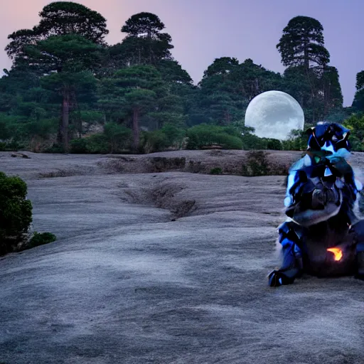 Image similar to photo of a meditating monkey on a chinese stone forest at night with the giant moon begind,