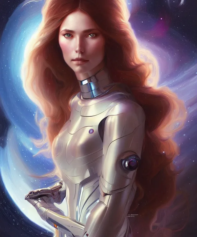 Image similar to futuristic space woman portrait, sci-fi, amber eyes, face, long hair, fantasy, intricate, elegant, highly detailed, digital painting, artstation, concept art, smooth, sharp focus, illustration, art by artgerm and greg rutkowski and alphonse mucha