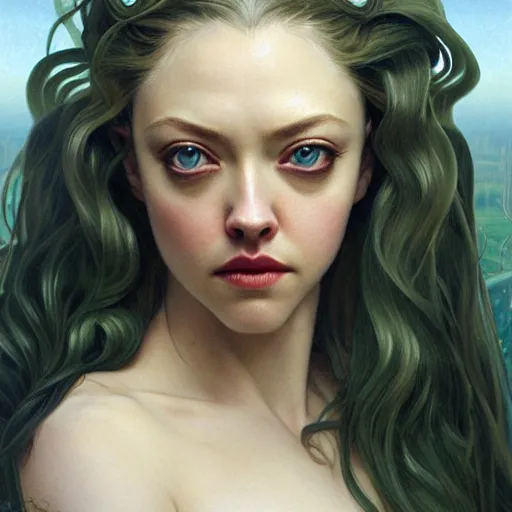 Prompt: Amanda Seyfried as Medusa, snakes for hair, olive skin, long dark hair, beautiful bone structure, intricate, elegant, highly detailed, digital painting, artstation, concept art, smooth, sharp focus, illustration, art by artgerm and greg rutkowski and alphonse mucha and Chris Achilleos