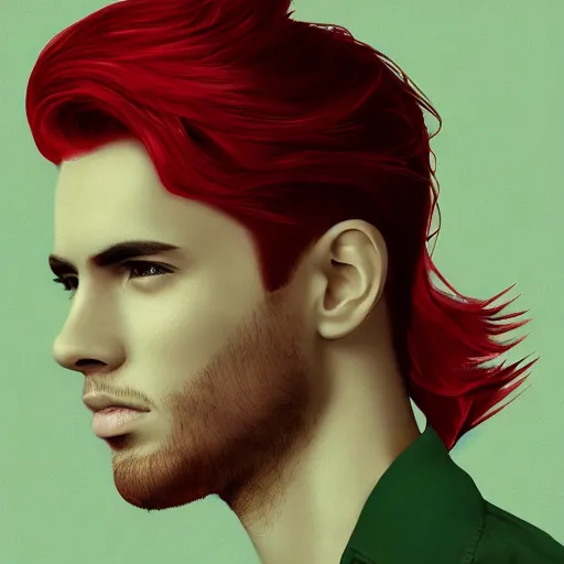 Image similar to digital art of a stylish young adult man with red hair and green cat - like eyes, popular, famous, attractive, high quality, highly detailed, hd, 4 k, 8 k,