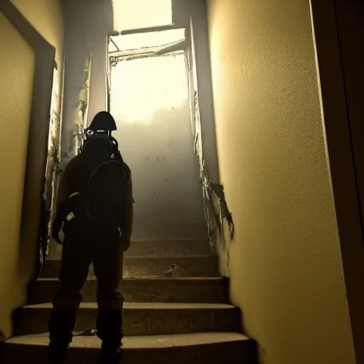 Image similar to A misterious man wearing a gas mask is standing on the midle of a stair hallway looking in the direction of the camera, the man is using a turned on flashlight to look for survivors :: Ruined city with vegetation and trees growing all over the place in the distroyed buildings :: apocalyptic, shadowy, disolate :: A long shot, low angle, dramatic backlighting, simetric photography, night time, slighty colorful :: cinematic shot, very detailed