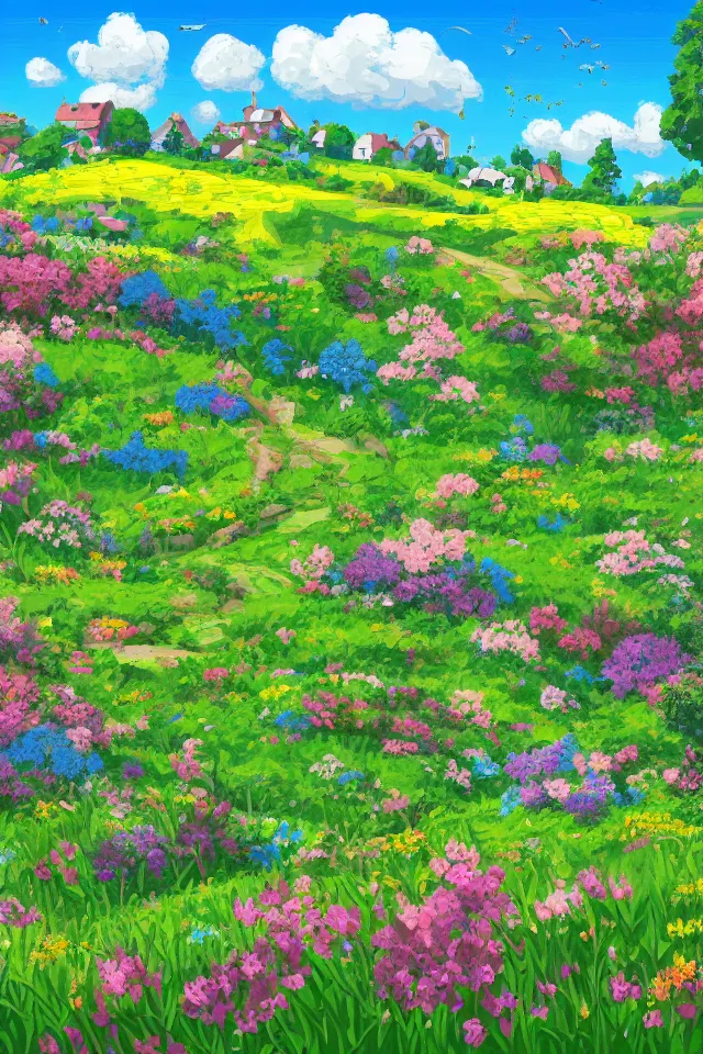 Image similar to a countryside in spring, green hills and blue sky with patches of clouds, nature in all its beauty, some houses in the background, star - shaped flowers in the foreground, digital painting, pixel art, detailed,