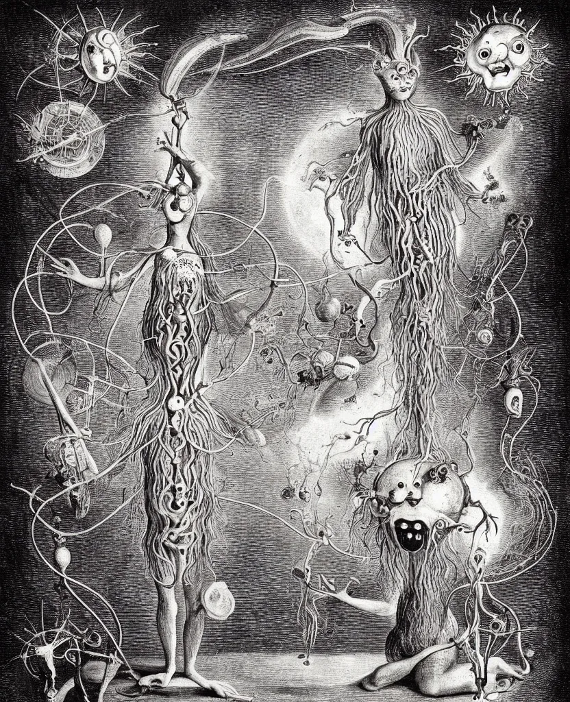 Image similar to whimsical freaky creature sings a unique canto about'as above so below'being ignited by the spirit of haeckel and robert fludd, breakthrough is iminent, glory be to the magic within