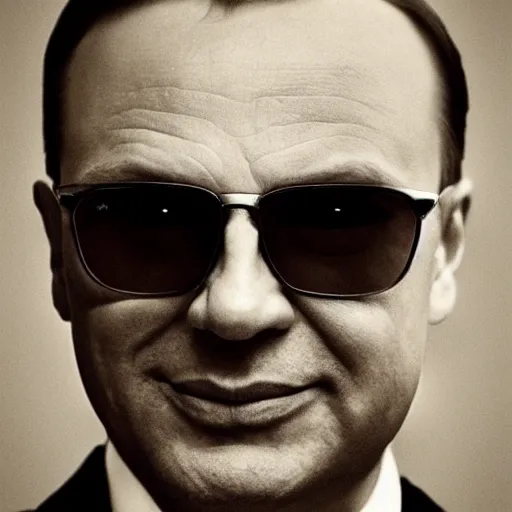 Prompt: Andrzej Duda creepy face with Ray Ban sunglasses-n 9