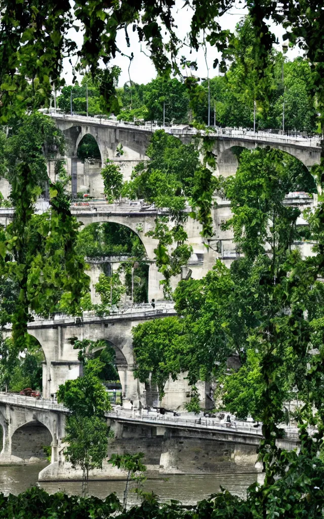 Prompt: pont d'aquitaine in bordeaux turned into paradisiac jungle, photorealistic, artistic, epic