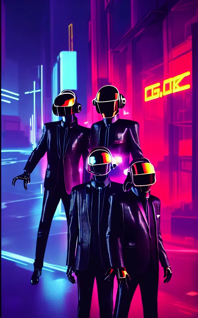 Image similar to concept art of daft punk at a magnificent dark neon futuristic cyberpunk city bustling street at night cyberart by liam wong in the film akira rendered in octane, 3 d render, trending on cgsociety, blender 3 d