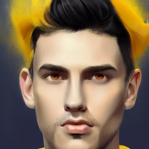 Image similar to ultra realistic illustration, a young man with black hair, in a yellow t - shirt, with blue eyes, highly detailed, digital painting, artstation, concept art, smooth, sharp focus, illustration