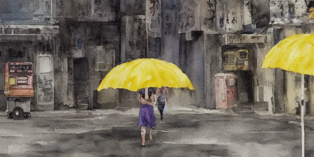 Image similar to deserted dusty junk town, a girl with a parka and a yellow parasol is running, broken vending machines, scene from the movie Ghost in the shell, watercolor, ultrawide