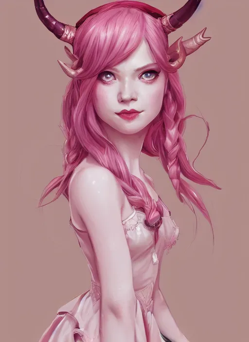 Image similar to a highly detailed illustration of cute smug pink haired pale girl with horns wearing pink dress, dramatic smirk pose, intricate, elegant, highly detailed, centered, digital painting, artstation, concept art, smooth, sharp focus, league of legends concept art, wlop.