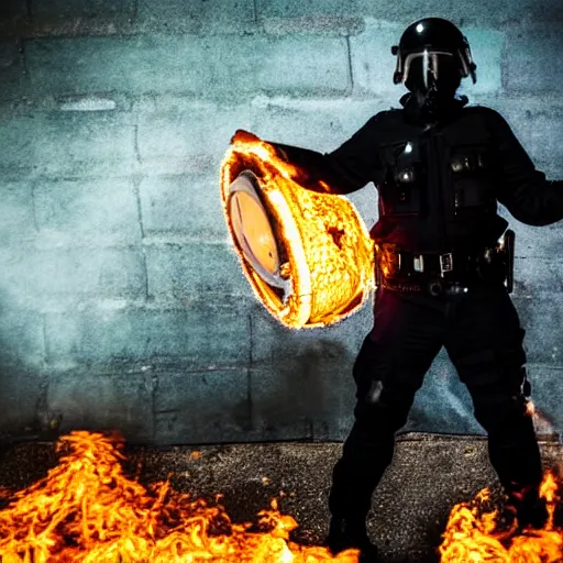 Image similar to portrait of a anti-riot policeman with head on fire , front, centered, riot background, at night ,editorial photography