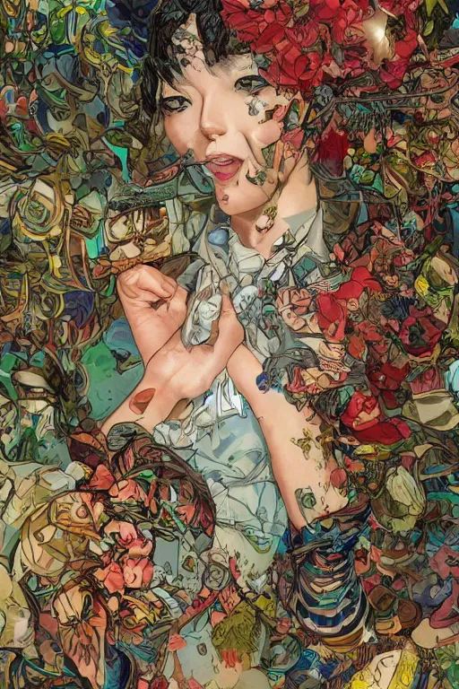 Image similar to cyberpunk fashion model wrapped in flowers and wired, smooth shading, ultra detailed high resolution, vintage style, by yoichi hatakenaka, masamune shirow, josan gonzales and dan mumford, ayami kojima, takato yamamoto, barclay shaw, karol bak, yukito kishiro