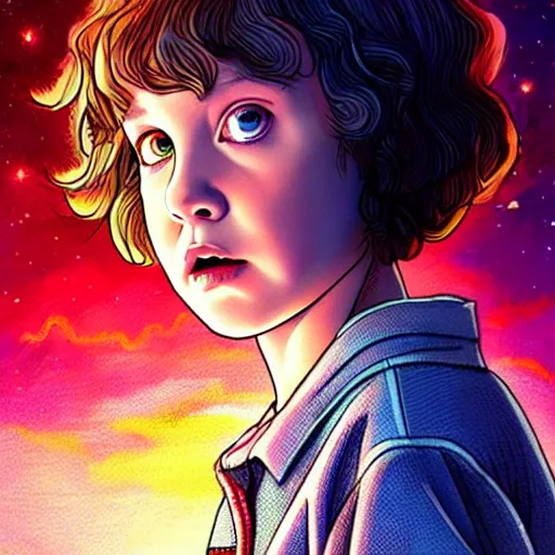 Image similar to eleven from stranger things, nighttime, outdoors, town background, intricate, highly detailed, digital painting, artstation, official media, anime key visual, concept art, ambient lighting, sharp focus, illustration, 1980's anime style, art by Artgerm, Makoto Shinkai, Ilya Kuvshinov, Lois Van Baarle, and Rossdraws