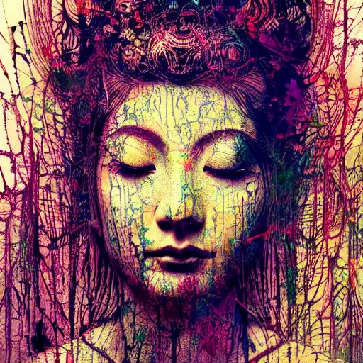 Image similar to contented female bodhisattva, praying meditating, realism, elegant, intricate, close up, portrait photograph by Carne Griffiths and David Cronenberg