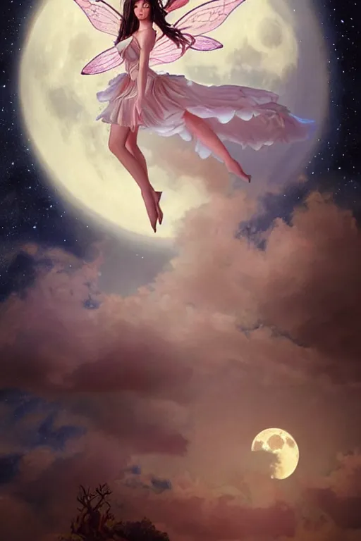 Image similar to attractive fairy magically floating high in the night, fantasy, full moon in background. highly detailed painting by artgerm, mid shot, 8 k