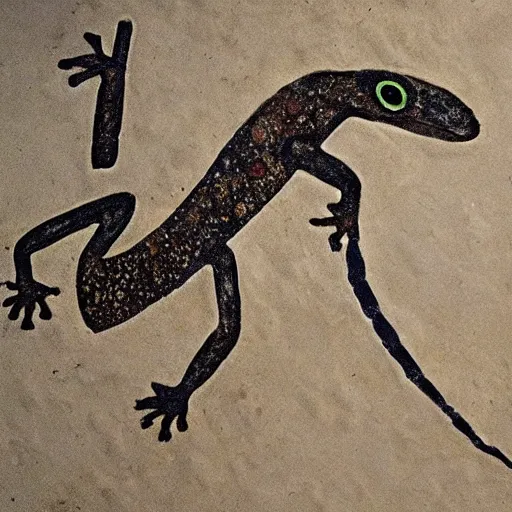 Prompt: a neolithic cave painting of the Geico Lizard