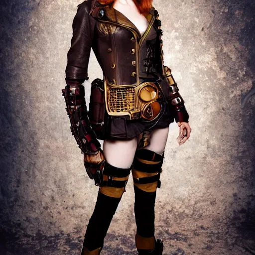 Image similar to full body photo of karen gillan as a steampunk amazon warrior