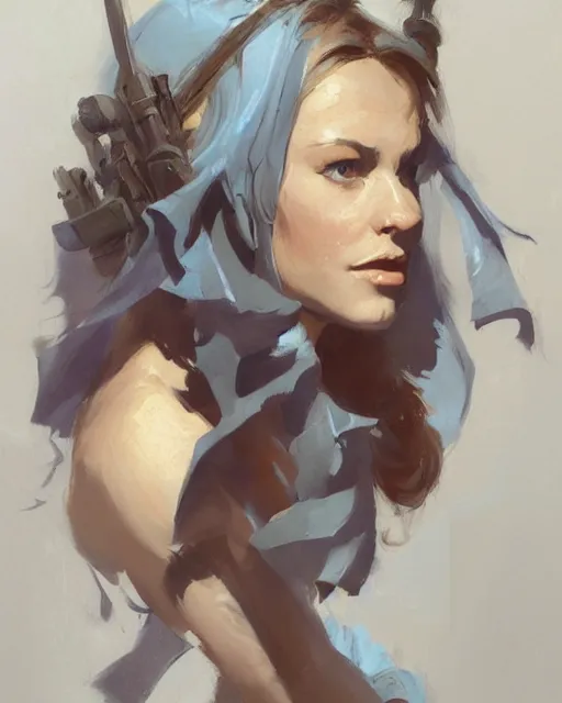 Prompt: greg manchess portrait of hollywood painting, d & d, fantasy, medium shot, asymmetrical, intricate, elegant, matte painting, illustration, hearthstone, by greg rutkowski, by greg tocchini, by james gilleard, by joe fenton, dynamic lighting, gradient light blue, brown, blonde cream and white color scheme, grunge aesthetic