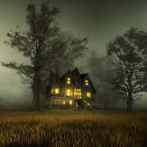 Prompt: village horror house in forest darkness dark render fog highly detailed