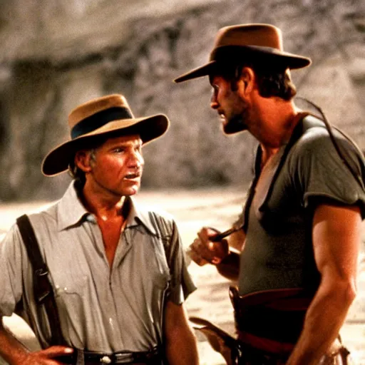 Prompt: film still of Roger Daltry talking with Indiana Jones.
