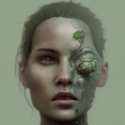 Image similar to photo realistic image of a person made of moss, stunning 3 d render inspired art by istvan sandorfi and greg rutkowski, perfect facial symmetry, realistic, highly detailed attributes and atmosphere, dim volumetric cinematic lighting,