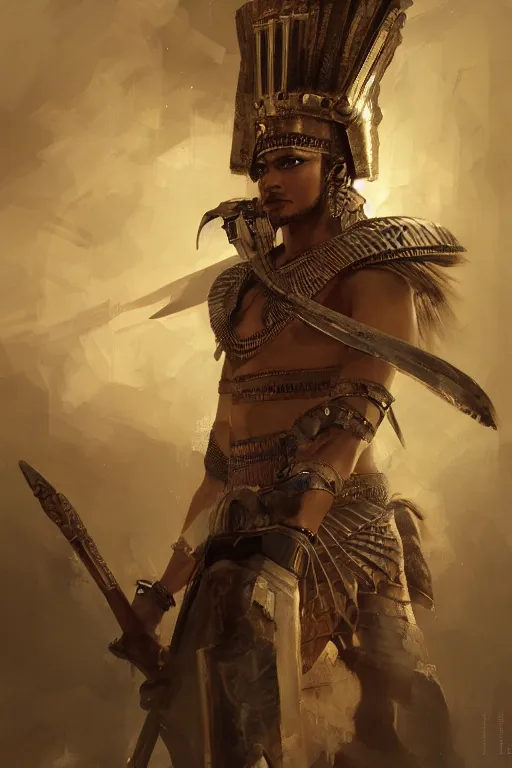 Image similar to egyptian warrior, portrait, fierce, intricate, elegant, volumetric lighting, digital painting, highly detailed, artstation, sharp focus, illustration, ruan jia, steve mccurry