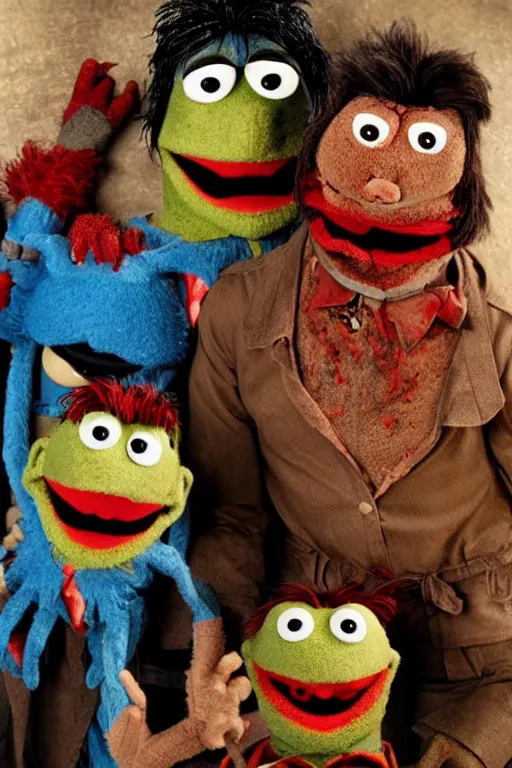Prompt: Evil Dead Muppets film Bruce Campbell Bert and Ernie