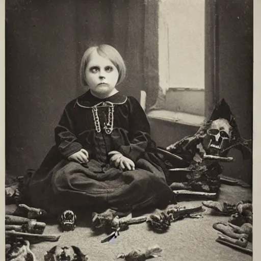 Image similar to a photo of young sad victorian gothic child with big eyes and wide grin sitting on a sofa of bones surrounded by a cyber futuristic cityscape made of human body parts, 5 0 mm, perfect faces